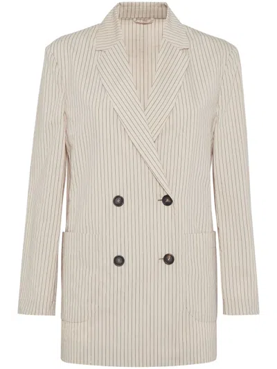 Brunello Cucinelli Striped Double-breasted Blazer In Neutral