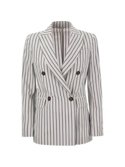 Brunello Cucinelli Double-breasted Striped Cotton And Linen-blend Blazer In Gray