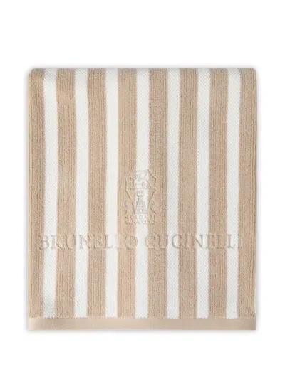 Brunello Cucinelli Striped Embroidered Beach Towel In Brown