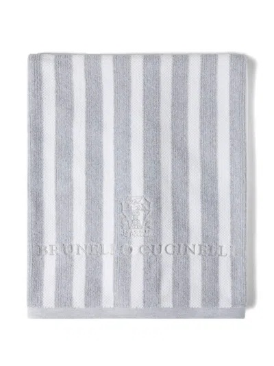 Brunello Cucinelli Striped Embroidered Cotton Beach Towel In Gray