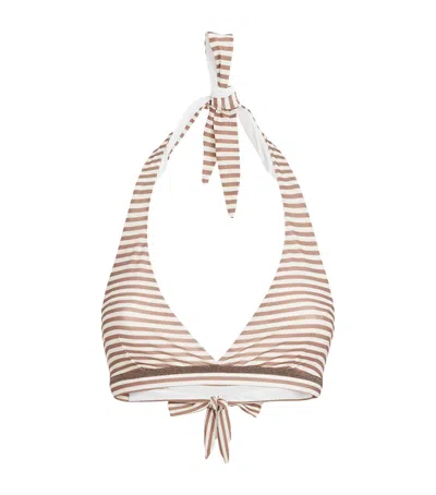 Brunello Cucinelli Striped Halterneck Bikini Top In Brown