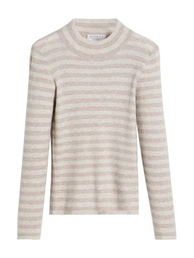 Brunello Cucinelli Kids' Striped High-neck Jumper In Pink