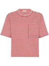 Brunello Cucinelli Red Crewneck T-shirt With All-over Striped Motif And Jewel Detail On The Front In Red