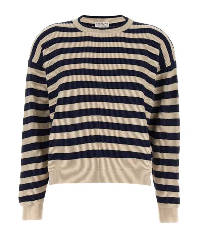 Brunello Cucinelli Striped Knit Jumper In Blue