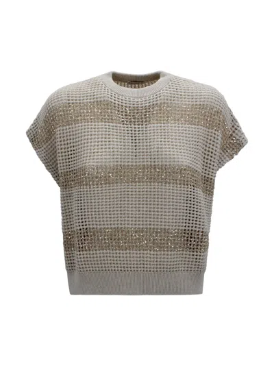 Brunello Cucinelli Striped Knit Top In Gray