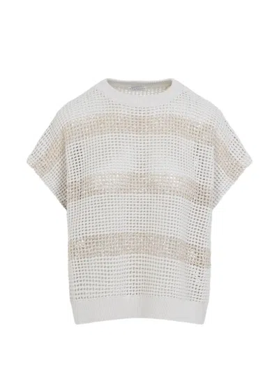 Brunello Cucinelli Cropped Cotton Knit Top With Luminous Sequin Bands In Multi