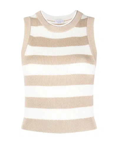 Brunello Cucinelli Striped Knitted Vest In Neutral