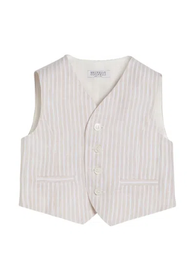 Brunello Cucinelli Striped Lightweight Linen Baby Bernie Waistcoat In White