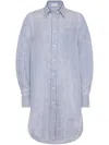 Brunello Cucinelli Linen And Silk Striped Organza Long Shirt With Shiny Collar Detail In White