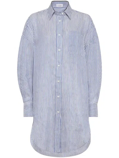 BRUNELLO CUCINELLI STRIPED LINEN AND SILK ORGANZA LONG SHIRT WITH `SHI