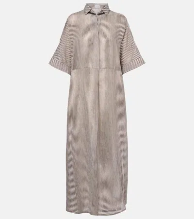 Brunello Cucinelli Oversized Bead-embellished Striped Linen And Silk-blend Organza Maxi Shirt Dress In Gray
