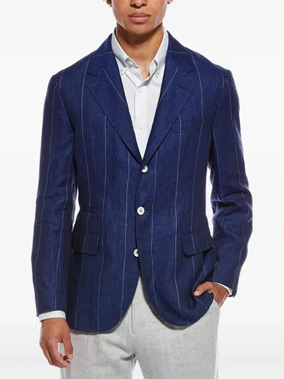 Brunello Cucinelli Indigo Linen Striped Blazer In Blue
