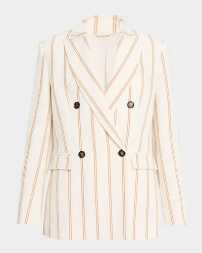 Brunello Cucinelli Striped Linen-cotton Double-breasted Blazer In C001 Cream W Camel