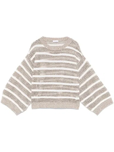 Brunello Cucinelli Striped Linen Crewneck Sweater In Beige