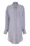 Brunello Cucinelli Linen And Silk Striped Organza Long Shirt With Shiny Collar Detail