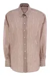 Brunello Cucinelli Women Linen And Silk Striped Organza Shirt With Shiny Collar Detail In Multi