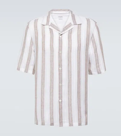 Brunello Cucinelli Camp-collar Embroidered Striped Linen Shirt In White