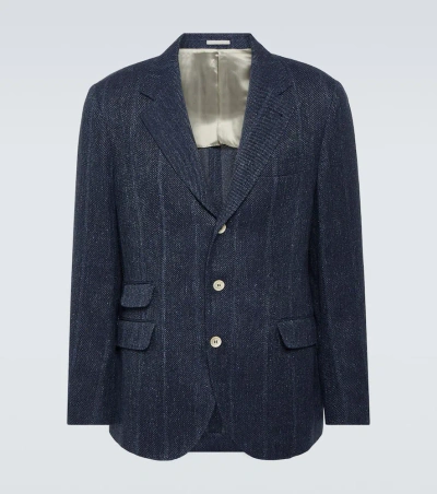 Brunello Cucinelli Striped Linen, Silk And Wool Blazer In Blue