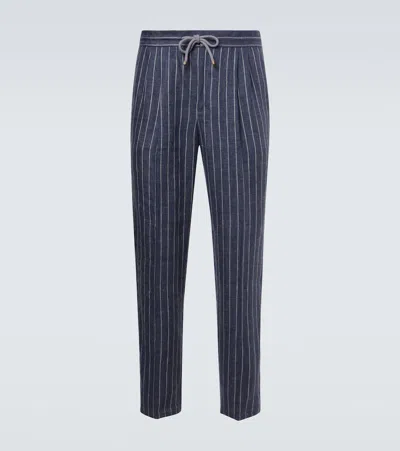 Brunello Cucinelli Striped Linen Straight Pants In Blue