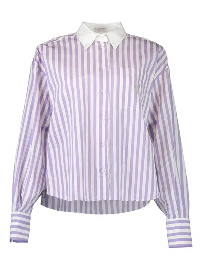 Brunello Cucinelli Striped Logo-embroidered Shirt In Purple