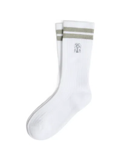 Brunello Cucinelli Kids' Striped Logo Ribbed Socks In White