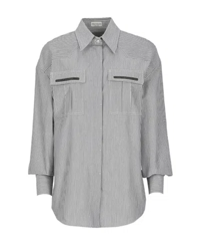 Brunello Cucinelli Striped Long-sleeved Shirt In Gray
