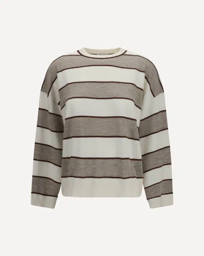Brunello Cucinelli Striped Long-sleeve Sweater In Gray