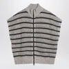 Brunello Cucinelli Beige Cardigan With High Neck And All-over Striped Motif In Linen Blend Woman