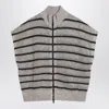 Brunello Cucinelli Beige Cardigan With High Neck And All-over Striped Motif In Linen Blend Woman