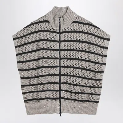 BRUNELLO CUCINELLI BRUNELLO CUCINELLI STRIPED MESH CARDIGAN IN LINEN BLEND