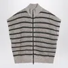 Brunello Cucinelli Beige Cardigan With High Neck And All-over Striped Motif In Linen Blend Woman