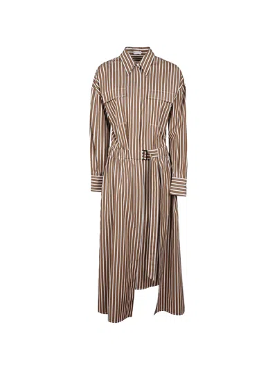 Brunello Cucinelli Striped Midi Shirt Dress In Brown