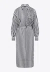 Brunello Cucinelli Striped Midi Shirt Dress With Floral Embroidery In White