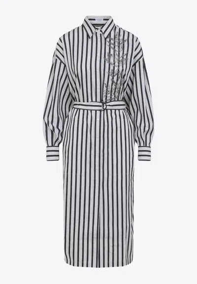 BRUNELLO CUCINELLI STRIPED MIDI SHIRT DRESS WITH FLORAL EMBROIDERY