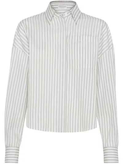 Brunello Cucinelli Striped Monili Chain Cotton Shirt In Gray