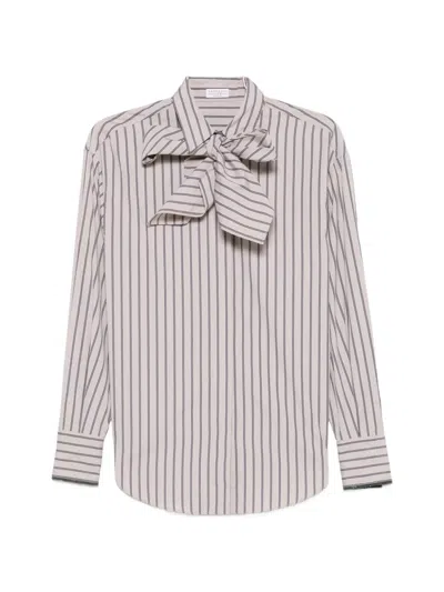 Brunello Cucinelli Striped Neck-tie Shirt In Neutral