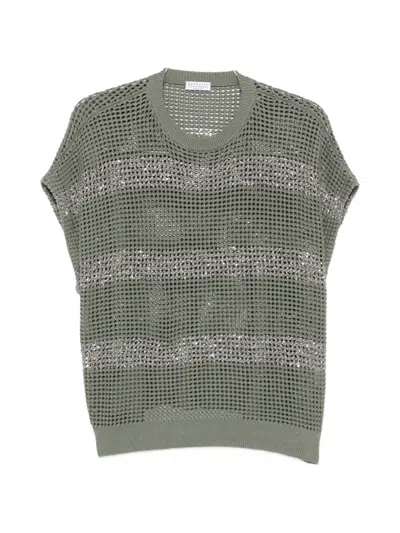 Brunello Cucinelli Striped Open Knit Top In Green