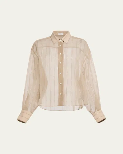Brunello Cucinelli Striped Paillette Crispy Silk Chiffon Button-down Blouse