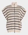 BRUNELLO CUCINELLI STRIPED PAILLETTE KNIT SHORT-SLEEVE ZIP CARDIGAN