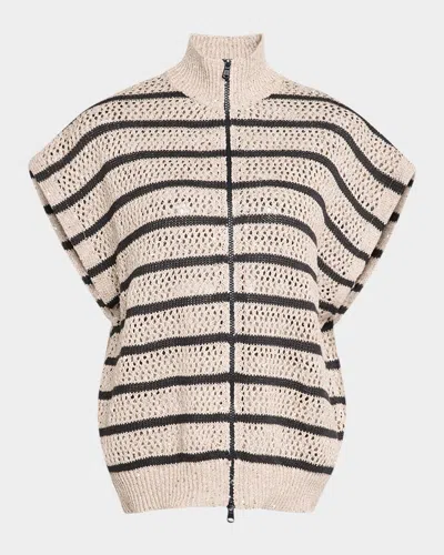 BRUNELLO CUCINELLI STRIPED PAILLETTE KNIT SHORT-SLEEVE ZIP CARDIGAN