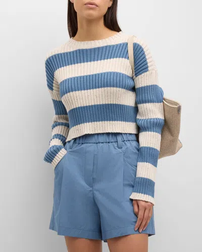 Brunello Cucinelli Striped Paillette Rib Knit Crop Sweater In Blue