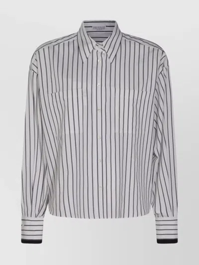BRUNELLO CUCINELLI STRIPED PATTERN BUTTON-DOWN COLLAR LONG SLEEVES TOP