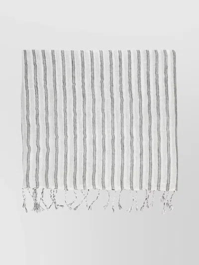 Brunello Cucinelli Striped Pattern Fringes Lightweight Linen Scarf In Neutral