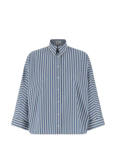 Brunello Cucinelli Blue Oversize Shirt With Monil Detail On The Collar And All-over Striped Motif In Cotton Woman