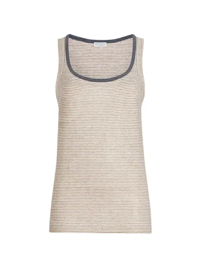 Brunello Cucinelli Women Linen Striped Crew Neck Top With Contrasting Trim And Necklace In Brown
