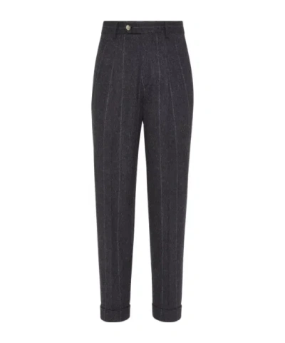 BRUNELLO CUCINELLI BRUNELLO CUCINELLI FLECKED CHALK STRIPE FLANNEL LEISURE FIT TROUSERS