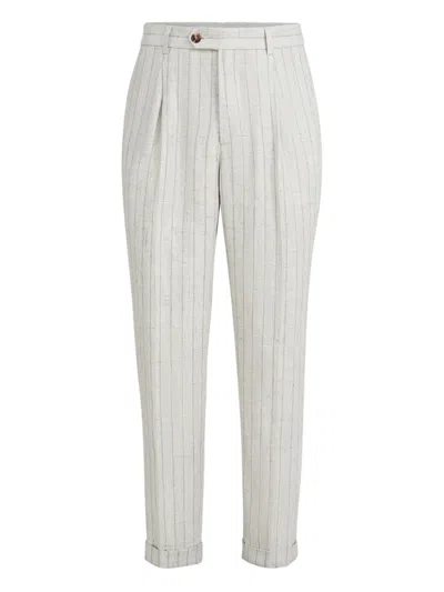Brunello Cucinelli Striped Pleated Trousers In Neutral