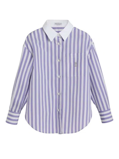 Brunello Cucinelli Kids' Striped Poplin Shirt In Blue