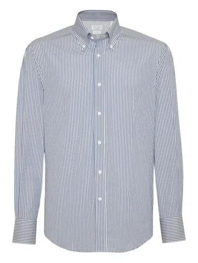 Brunello Cucinelli Striped Poplin Shirt In Blue