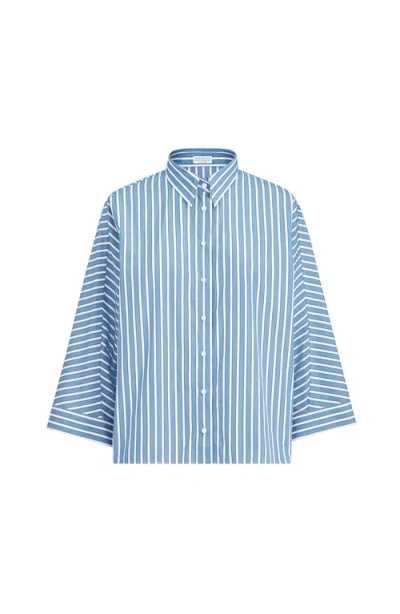 Brunello Cucinelli Striped Poplin Shirt In Blue
